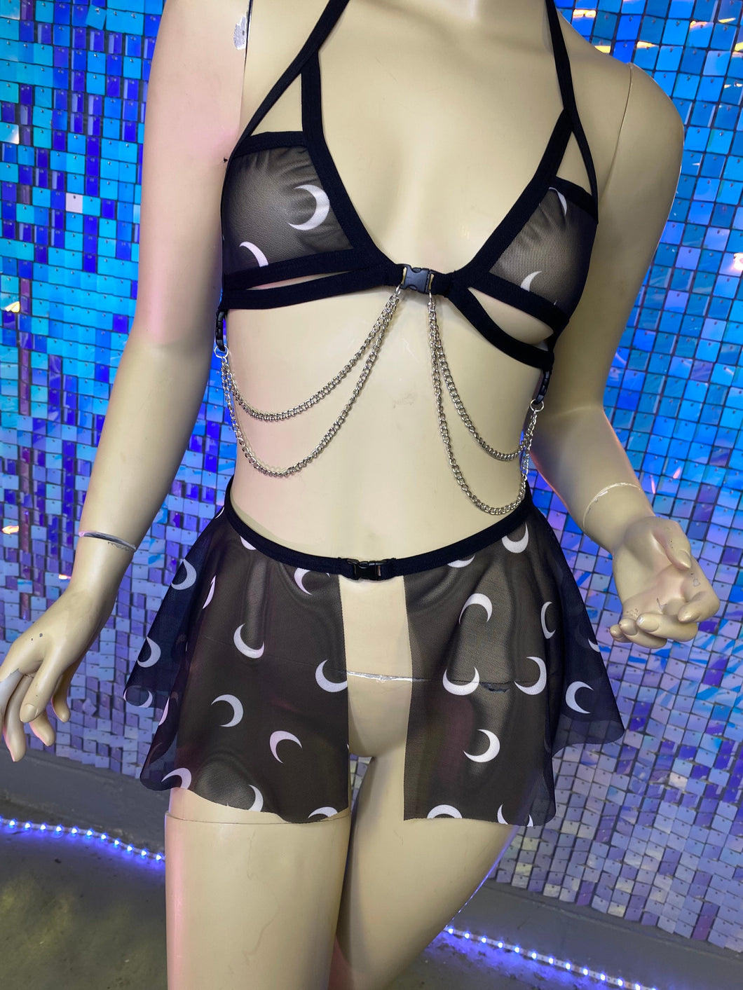 MOON | Chain Cage Top + Sheer Ultra Mini Buckle Skirt, Women's Festival Outfit, Rave Set