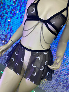 MOON | Chain Cage Top + Sheer Ultra Mini Buckle Skirt, Women's Festival Outfit, Rave Set