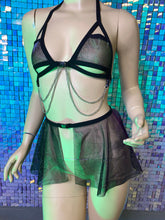 Load image into Gallery viewer, SPIDERWEB | Chain Cage Top + Sheer Ultra Mini Buckle Skirt |  Women&#39;s Festival Outfit Rave Set Lace Outfit Rave Wear Iridescent