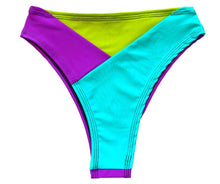 Load image into Gallery viewer, TRI COLOR | Purple + Turquoise + Green | Ready to Ship | High Waisted High Cut Bottoms, Festival Bottoms, Rave Bottoms, Rainbow Rave Outfit