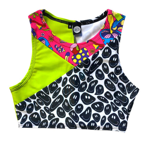 TRI COLOR| Mushroom + Smiles | Ready To Ship | Limited Edition Sporty Crop Top, Women's Festival Top, Rave Top