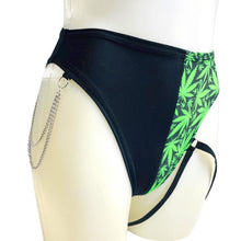 Load image into Gallery viewer, PUFF PUFF | High Waisted High Cut Chain Bottoms with Leg Wrap, Festival Bottoms, Rave Bottoms, Black Rave Outfit 420