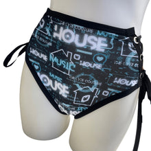 Load image into Gallery viewer, HOUSE MUSIC | High Waisted High Cut Side Tie Bottoms, Festival Bottoms, Rave Bottoms, Black Rave Outfit