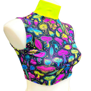 ELECTRIC MUSHROOM | Underboob Mock Neck Crop Top Sleeveless , Women's Festival Top, Rave Top