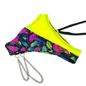 ELECTRIC MUSHROOM | High Waisted High Cut Chain Bottoms with Leg Wrap, Festival Bottoms, Rave Bottoms, Black Rave Outfit