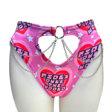 Load image into Gallery viewer, GIRLS RULE | High Waisted High Cut Chain Bottoms wit cut out, Festival Bottoms, Rave Bottoms, Black Rave Outfit