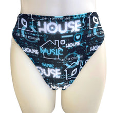 Load image into Gallery viewer, HOUSE MUSIC | High Waisted High Cut Bottoms, Festival Bottoms, Rave Bottoms, Black Rave Outfit