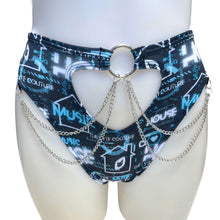 Load image into Gallery viewer, HOUSE MUSIC | High Waisted High Cut Chain Bottoms wit cut out, Festival Bottoms, Rave Bottoms, Black Rave Outfit