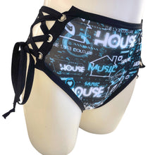 Load image into Gallery viewer, HOUSE MUSIC | High Waisted High Cut Side Tie Bottoms, Festival Bottoms, Rave Bottoms, Black Rave Outfit
