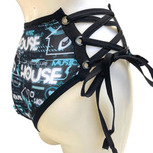 Load image into Gallery viewer, HOUSE MUSIC | High Waisted High Cut Side Tie Bottoms, Festival Bottoms, Rave Bottoms, Black Rave Outfit