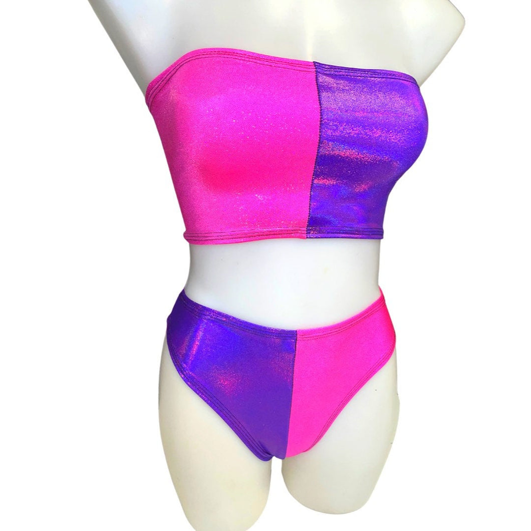 CHESHIRE CAT | Tube Top + High Waisted High Cut Bottoms | Women's Festival Outfit, Rave Set | Alice in Wonderland Costume | Pink and Purple