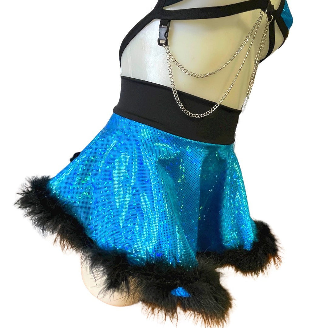 ALICE BLUE | High Low Circle Skirt, Rave Skirt, Festival Bottom with Fluff Trim