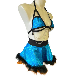 ALICE BLUE | High Low Circle Skirt, Rave Skirt, Festival Bottom with Fluff Trim