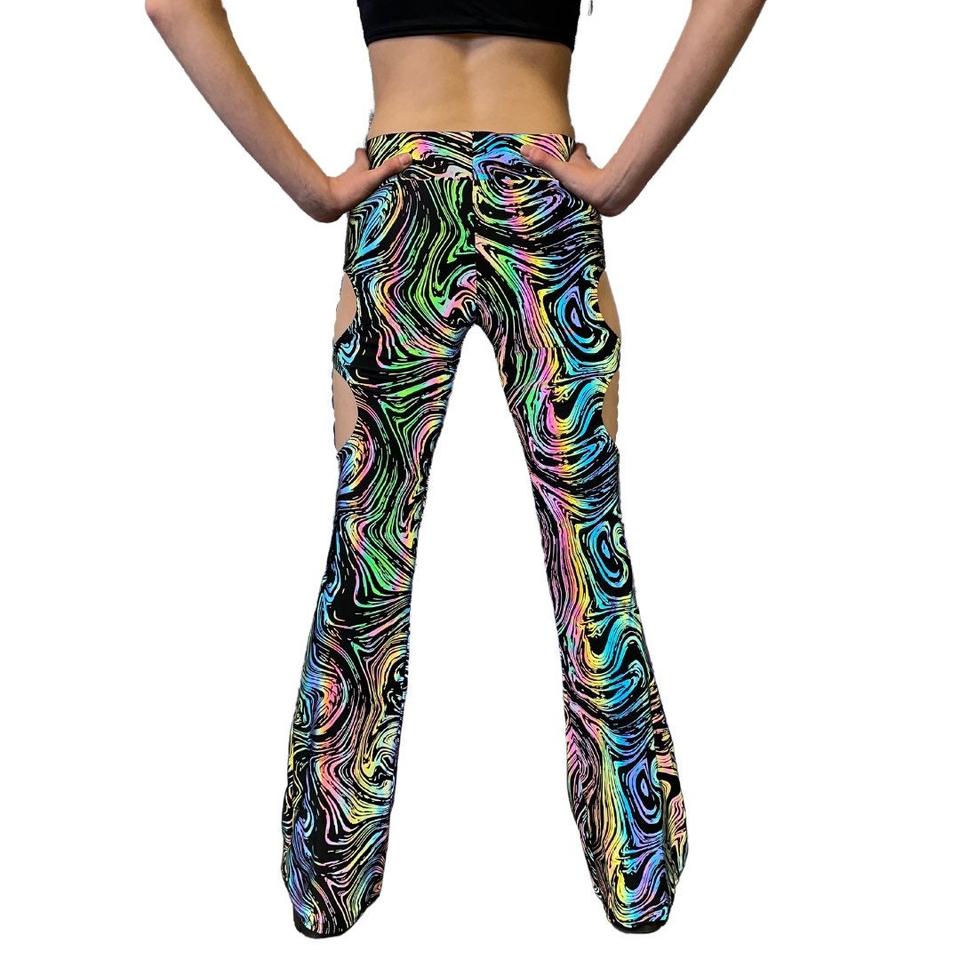 OIL SPILL FLARES| Cut Out Reflective Flare Bell Bottom Pants