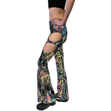 Load image into Gallery viewer, OIL SPILL FLARES| Cut Out Reflective Flare Bell Bottom Pants, Festival Bottoms, Rave Pants, Yoga Pants