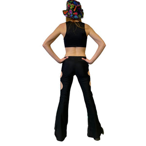 BLACK | Cut Out Flare Bell Bottom Pants, Festival Bottoms, Rave Pants, Yoga Pants