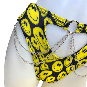YELLOW SMILES | High Waisted High Cut Chain Bottoms wit cut out, Festival Bottoms, Rave Bottoms, Rave Outfit