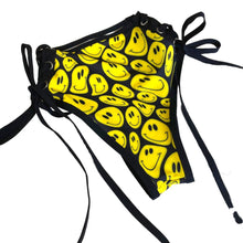 Load image into Gallery viewer, YELLOW SMILES | High Waisted High Cut Side Tie Bottoms, Festival Bottoms, Rave Bottoms, Black Rave Outfit
