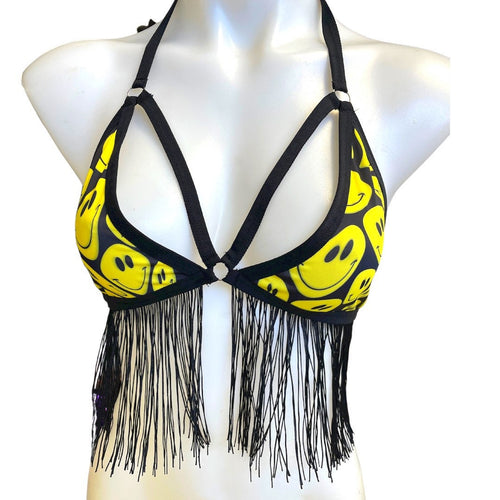 YELLOW SMILES | Fringe Triangle Top, Festival Top, Rave Top with Chains