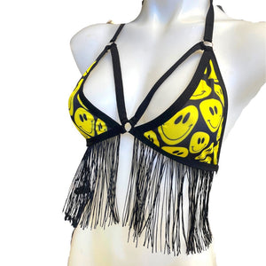 YELLOW SMILES | Fringe Triangle Top, Festival Top, Rave Top with Chains