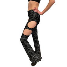 Load image into Gallery viewer, REFRACTION FLARES | Cut Out Reflective Flare Bell Bottom Pants, Festival Bottoms, Rave Pants, Yoga Pants