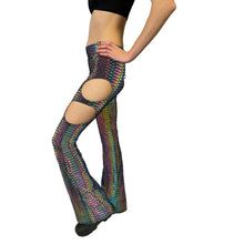 Load image into Gallery viewer, SLITHER FLARES| Cut Out Reflective Flare Bell Bottom Pants, Festival Bottoms, Rave Pants, Yoga Pants