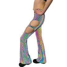Load image into Gallery viewer, SACRED GEO | Cut Out Reflective Flare Bell Bottom Pants, Festival Bottoms, Rave Pants, Yoga Pants