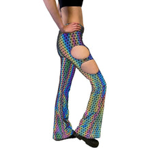 Load image into Gallery viewer, SACRED GEO | Cut Out Reflective Flare Bell Bottom Pants, Festival Bottoms, Rave Pants, Yoga Pants