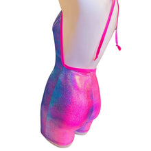 Load image into Gallery viewer, FESTIE BESTIE | Pink/Blue Holographic Playsuit | Halter Romper | Festival Outfit | Rave Jumpsuit | Boho