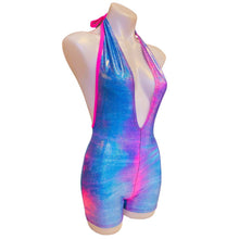 Load image into Gallery viewer, FESTIE BESTIE | Pink/Blue Holographic Playsuit | Halter Romper | Festival Outfit | Rave Jumpsuit | Boho