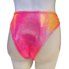 Load image into Gallery viewer, FESTIE BESTIE | Pink/Orange Holographic High Waisted High Cut Bottoms, Festival Bottoms, Rave Bottoms, Rave Outfit