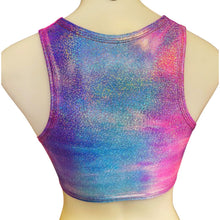 Load image into Gallery viewer, FESTIE BESTIE | Pink/Blue Holographic Underboob Sporty Crop Top, Women&#39;s Festival Top, Rave Top