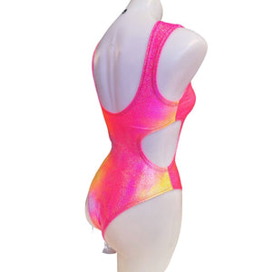 FESTIE BESTIE | Pink/Orange Holographic Aria Cut-Out Bodysuit |