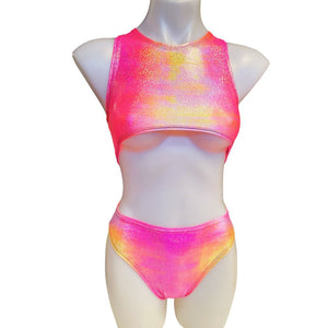 FESTIE BESTIE | Pink/Orange Holographic Underboob Sporty Crop Top, Women's Festival Top, Rave Top