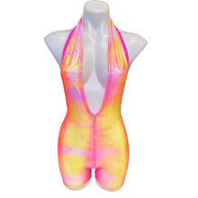 Load image into Gallery viewer, FESTIE BESTIE | Pink/Orange Holographic Playsuit | Halter Romper | Festival Outfit | Rave Jumpsuit | Boho