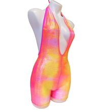Load image into Gallery viewer, FESTIE BESTIE | Pink/Orange Holographic Playsuit | Halter Romper | Festival Outfit | Rave Jumpsuit | Boho