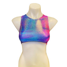 Load image into Gallery viewer, FESTIE BESTIE | Pink/Blue Holographic Underboob Sporty Crop Top, Women&#39;s Festival Top, Rave Top